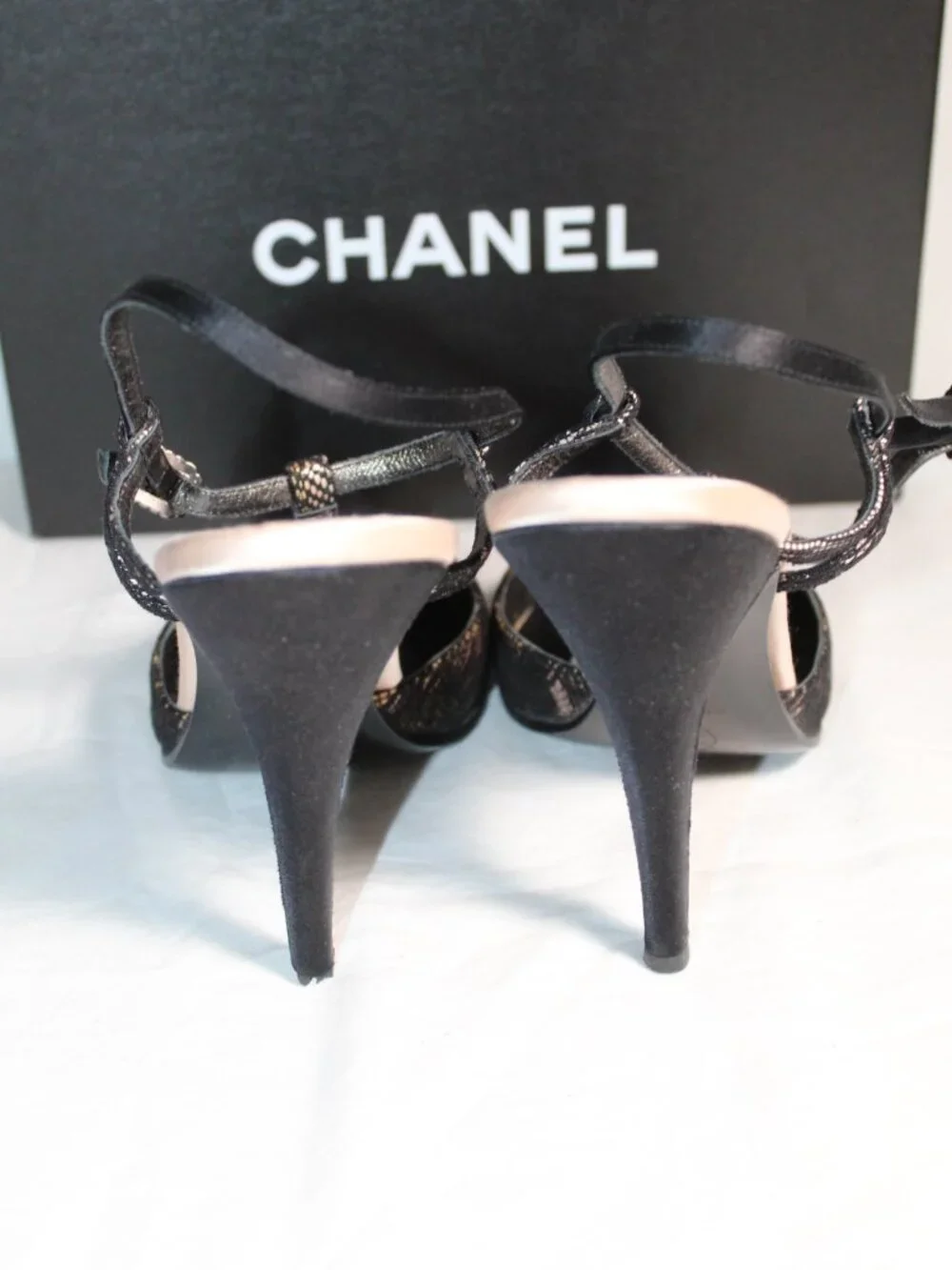 Chanel Black Lace Overlay Satin T-Strap Heels Pointed Toe Pumps 42